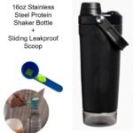 Black Sports Nutritional Drinkware Set with 16oz Stainless Steel Protein Shaker Bottle and Sliding Anti-spill Scoop – Vacuum Insulated Gym Flask with Detachable Bottom Storage Capsule and Quick-Open Lid, Filter Net & Portable Handle for Gym and Outdoor Wo