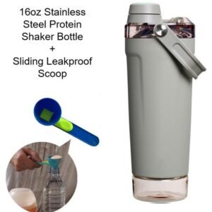Grey Sports Nutritional Drinkware Set with 16oz Stainless Steel Protein Shaker Bottle and Sliding Anti-spill Scoop – Vacuum Insulated Gym Flask with Detachable Bottom Storage Capsule and Quick-Open Lid, Filter Net & Portable Handle for Gym and Outdoor Wo