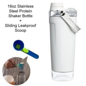 White Sports Nutritional Drinkware Set with 16oz Stainless Steel Protein Shaker Bottle and Sliding Anti-spill Scoop – Vacuum Insulated Gym Flask with Detachable Bottom Storage Capsule and Quick-Open Lid, Filter Net & Portable Handle for Gym and Outdoor Wo