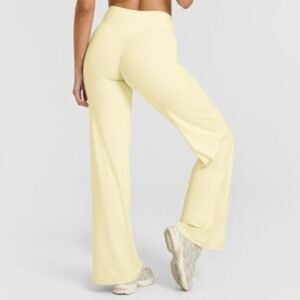 S Size Yellow High Waisted Flare Yoga Pants for Women – M-Shaped Peach Hip Lifting Wide-Leg Workout Trousers with Soft & Skin Feel Four Way Stretch Fabric, Breathable & Quick Dry