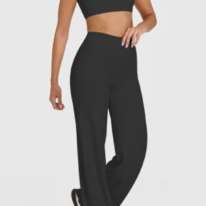 M Size Black High Waisted Flare Yoga Pants for Women – M-Shaped Peach Hip Lifting Wide-Leg Workout Trousers with Soft & Skin Feel Four Way Stretch Fabric, Breathable & Quick Dry