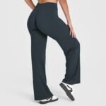 XL Size Blueberry Color High Waisted Flare Yoga Pants for Women – M-Shaped Peach Hip Lifting Wide-Leg Workout Trousers with Soft & Skin Feel Four Way Stretch Fabric, Breathable & Quick Dry