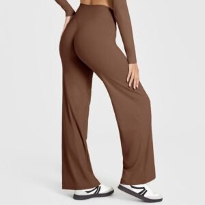M Size Caramel High Waisted Flare Yoga Pants for Women – M-Shaped Peach Hip Lifting Wide-Leg Workout Trousers with Soft & Skin Feel Four Way Stretch Fabric, Breathable & Quick Dry