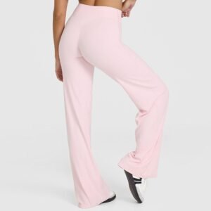 L Size Pink High Waisted Flare Yoga Pants for Women – M-Shaped Peach Hip Lifting Wide-Leg Workout Trousers with Soft & Skin Feel Four Way Stretch Fabric, Breathable & Quick Dry