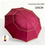 Wine Red Compact 3-Folding Automatic Golf Umbrella, 42 Inch Large Coverage Double Canopy with 10 Steel Windproof Ribs, Waterproof Impact Cloth for Men and Women, Outdoor Sports Sun & Rain Protection