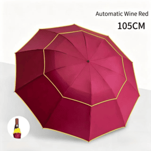 Wine Red Compact 3-Folding Automatic Golf Umbrella, 42 Inch Large Coverage Double Canopy with 10 Steel Windproof Ribs, Waterproof Impact Cloth for Men and Women, Outdoor Sports Sun & Rain Protection