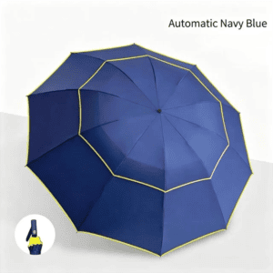 Navy Blue Compact 3-Folding Automatic Golf Umbrella, 42 Inch Large Coverage Double Canopy with 10 Steel Windproof Ribs, Waterproof Impact Cloth for Men and Women, Outdoor Sports Sun & Rain Protection
