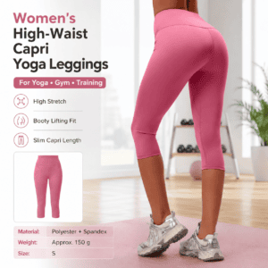 Pink S Size Women’s High Waist 3/4 Yoga Leggings – Peach Hip Lift Design, Breathable Stretch Fabric for Gym Running and Daily Wear