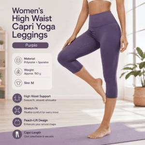Purple M Size Women’s High Waist 3/4 Yoga Leggings – Peach Hip Lift Design, Breathable Stretch Fabric for Gym Running and Daily Wear