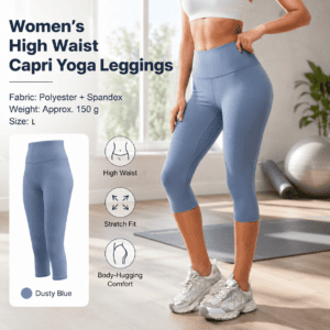 Dusty Blue L Size Women’s High Waist 3/4 Yoga Leggings – Peach Hip Lift Design, Breathable Stretch Fabric for Gym Running and Daily Wear