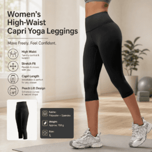 Black L Size Women’s High Waist 3/4 Yoga Leggings – Peach Hip Lift Design, Breathable Stretch Fabric for Gym Running and Daily Wear