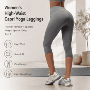 Grey S Size Women’s High Waist 3/4 Yoga Leggings – Peach Hip Lift Design, Breathable Stretch Fabric for Gym Running and Daily Wear