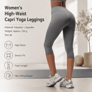 Grey M Size Women’s High Waist 3/4 Yoga Leggings – Peach Hip Lift Design, Breathable Stretch Fabric for Gym Running and Daily Wear