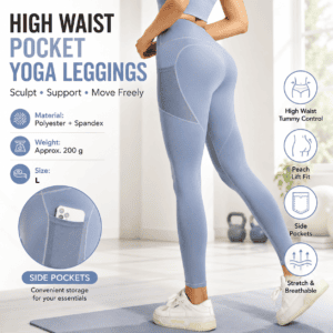 Blue L Size Women’s High Waist Yoga Leggings with Mesh Side Pockets – Squat Proof, Peach Hip Lift, Breathable Stretch Fabric for Gym Running 、Pilates Wea and Daily Wear