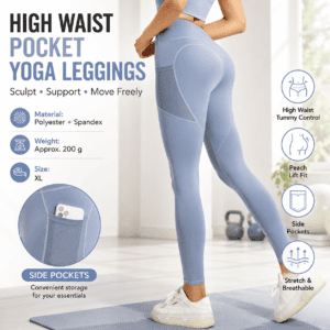 Blue XL Size Women’s High Waist Yoga Leggings with Mesh Side Pockets – Squat Proof, Peach Hip Lift, Breathable Stretch Fabric for Gym Running 、Pilates Wea and Daily Wear