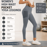 Grey L Size Women’s High Waist Yoga Leggings with Mesh Side Pockets – Squat Proof, Peach Hip Lift, Breathable Stretch Fabric for Gym Running 、Pilates Wea and Daily Wear