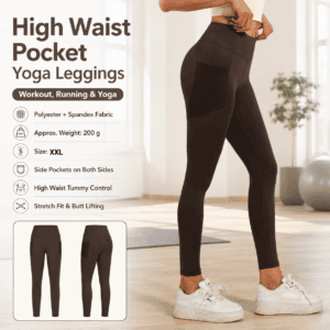 Coffee-colored XXL Size Women’s High Waist Yoga Leggings with Mesh Side Pockets – Squat Proof, Peach Hip Lift, Breathable Stretch Fabric for Gym Running 、Pilates Wea and Daily Wear