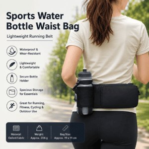 Black Waterproof Sports Waist Bag with Water Bottle Holder – Lightweight Oxford Fabric, Multi-Pocket Design for Running, Gym and Outdoor Activities