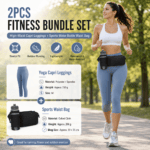 Winter Fitness Bundle – Blue M size Women’s High Waist 3/4 Yoga Leggings with Peach Hip Lift and Black Waterproof Sports Waist Bag with Bottle Holder for Running Gym and Outdoor Activities