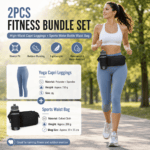 Winter Fitness Bundle – Blue XL size Women’s High Waist 3/4 Yoga Leggings with Peach Hip Lift and Black Waterproof Sports Waist Bag with Bottle Holder for Running Gym and Outdoor Activities