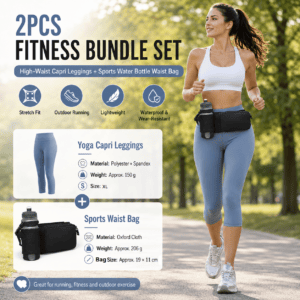 Winter Fitness Bundle – Blue XL size Women’s High Waist 3/4 Yoga Leggings with Peach Hip Lift and Black Waterproof Sports Waist Bag with Bottle Holder for Running Gym and Outdoor Activities