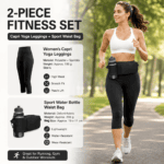 Winter Fitness Bundle – Black L size Women’s High Waist 3/4 Yoga Leggings with Peach Hip Lift and Black Waterproof Sports Waist Bag with Bottle Holder for Running Gym and Outdoor Activities