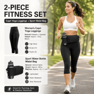 Winter Fitness Bundle – Black L size Women’s High Waist 3/4 Yoga Leggings with Peach Hip Lift and Black Waterproof Sports Waist Bag with Bottle Holder for Running Gym and Outdoor Activities