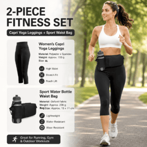 Winter Fitness Bundle – Black XL size Women’s High Waist 3/4 Yoga Leggings with Peach Hip Lift and Black Waterproof Sports Waist Bag with Bottle Holder for Running Gym and Outdoor Activities
