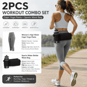 Winter Fitness Bundle – Grey M size Women’s High Waist 3/4 Yoga Leggings with Peach Hip Lift and Black Waterproof Sports Waist Bag with Bottle Holder for Running Gym and Outdoor Activities