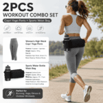 Winter Fitness Bundle – Grey XL size Women’s High Waist 3/4 Yoga Leggings with Peach Hip Lift and Black Waterproof Sports Waist Bag with Bottle Holder for Running Gym and Outdoor Activities
