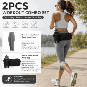 Winter Fitness Bundle – Grey XL size Women’s High Waist 3/4 Yoga Leggings with Peach Hip Lift and Black Waterproof Sports Waist Bag with Bottle Holder for Running Gym and Outdoor Activities