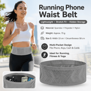 Grey S Size Running Waist Belt – High Stretch Spandex Nylon Blend, 360-Degree Storage Pocket, Breathable Mesh Design for Running and Gym Use