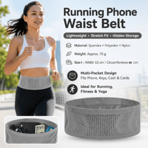 Grey L Size Running Waist Belt – High Stretch Spandex Nylon Blend, 360-Degree Storage Pocket, Breathable Mesh Design for Running and Gym Use