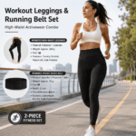 Comfortable Outdoor Sports Set-Black M Size Running Waist Belt and Black M Size High-Waisted Yoga Leggings – Breathable Spandex Blend, Side Pockets for Phone and Keys, Lightweight Fitness Gear for Running and Gym