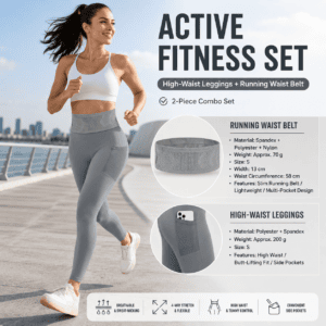 Comfortable Outdoor Sports Set-Grey S Size Running Waist Belt and Grey S Size High-Waisted Yoga Leggings – Breathable Spandex Blend, Side Pockets for Phone and Keys, Lightweight Fitness Gear for Running and Gym