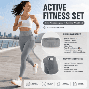 Comfortable Outdoor Sports Set-Grey M Size Running Waist Belt and Grey M Size High-Waisted Yoga Leggings – Breathable Spandex Blend, Side Pockets for Phone and Keys, Lightweight Fitness Gear for Running and Gym