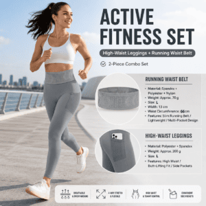 Comfortable Outdoor Sports Set-Grey L Size Running Waist Belt and Grey L Size High-Waisted Yoga Leggings – Breathable Spandex Blend, Side Pockets for Phone and Keys, Lightweight Fitness Gear for Running and Gym