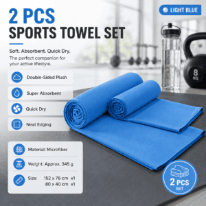 2 Piece Light Blue Microfiber Sports Towel Set – 152*76cm and 80*40cm Quick Dry Gym Towels, Ultra Absorbent Sweat Towel for Fitness Running Swimming, Lightweight Travel Friendly