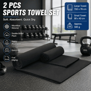 2 Piece Black Microfiber Sports Towel Set – 152*76cm and 80*40cm Quick Dry Gym Towels, Ultra Absorbent Sweat Towel for Fitness Running Swimming, Lightweight Travel Friendly