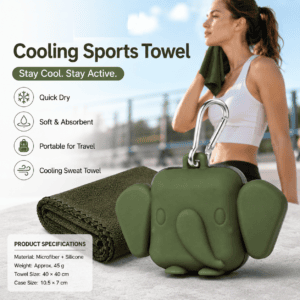 Green Portable Quick Dry Towel with Elephant Storage Box – Microfiber Cooling Sports Sweat Towel with Silicone Case for Gym Swimming Travel
