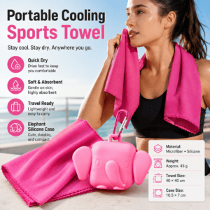 Red Portable Quick Dry Towel with Elephant Storage Box – Microfiber Cooling Sports Sweat Towel with Silicone Case for Gym Swimming Travel