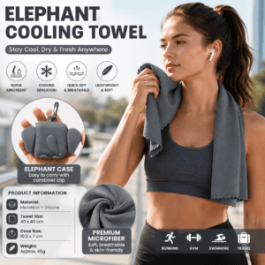 Grey Portable Quick Dry Towel with Elephant Storage Box – Microfiber Cooling Sports Sweat Towel with Silicone Case for Gym Swimming Travel