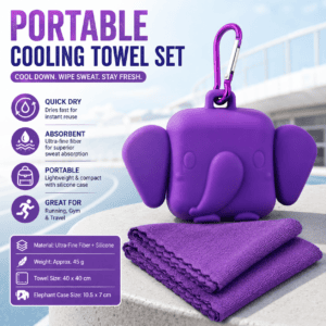 Purple Portable Quick Dry Towel with Elephant Storage Box – Microfiber Cooling Sports Sweat Towel with Silicone Case for Gym Swimming Travel