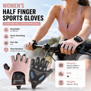 Pink M size Women’s Half-Finger Fitness Gloves – Liquid Silicone Shock Absorption, Ice Silk Breathable Fabric, Non-Slip Grip for Gym Yoga Cycling Weight Training