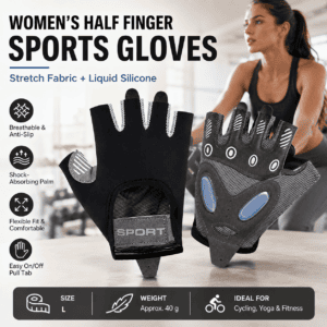 Black L size Women’s Half-Finger Fitness Gloves – Liquid Silicone Shock Absorption, Ice Silk Breathable Fabric, Non-Slip Grip for Gym Yoga Cycling Weight Training