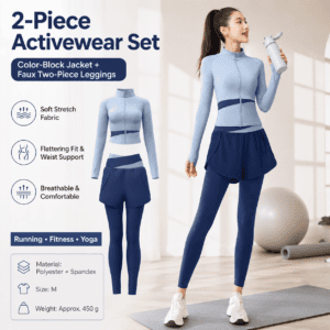 M size Women’s 2-Piece Running Yoga Set – Blue Colorblock Zip Jacket and Blue Faux Two-Layer Leggings, Slim Fit High Stretch Gym Activewear for Fitness and Training