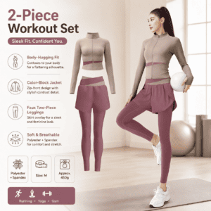 M size Women’s 2-Piece Running Yoga Set – Purple Colorblock Zip Jacket and Purple Faux Two-Layer Leggings, Slim Fit High Stretch Gym Activewear for Fitness and Training