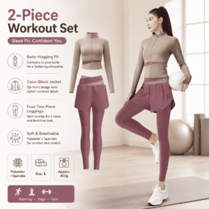 L size Women’s 2-Piece Running Yoga Set – Purple Colorblock Zip Jacket and Purple Faux Two-Layer Leggings, Slim Fit High Stretch Gym Activewear for Fitness and Training