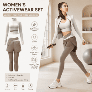 M size Women’s 2-Piece Running Yoga Set – White Colorblock Zip Jacket and coffee Faux Two-Layer Leggings, Slim Fit High Stretch Gym Activewear for Fitness and Training