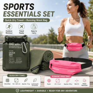 Outdoor Sports Combo Set – Green Microfiber Quick Dry Cooling Towel and Pink Lightweight Running Waist Belt with Reflective Strips, Portable Gym Accessories for Fitness and Travel Suitable for sports; keeps hands free and makes wiping away sweat convenien